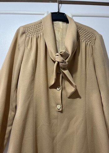 Bej Uzun Düğmeli Kadın Keten Klasik elbise - Görsel 3