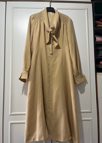 Bej Uzun Düğmeli Kadın Keten Klasik elbise - Görsel 2