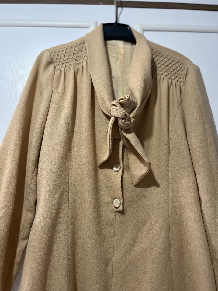 Bej Uzun Düğmeli Kadın Keten Klasik elbise - Görsel 3