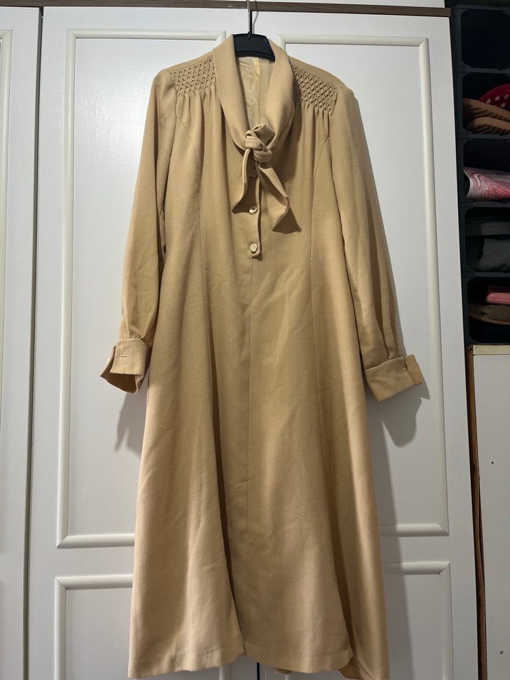 Bej Uzun Düğmeli Kadın Keten Klasik elbise - Görsel 2