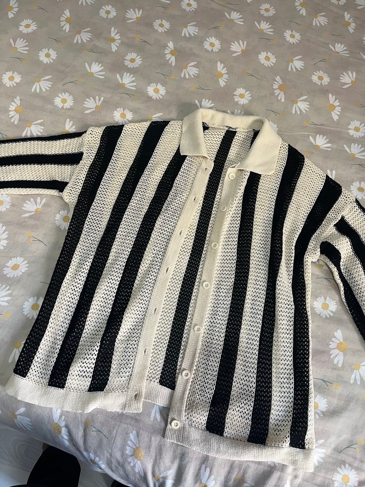 Uzun Kollu Çizgili Örgü Kadın Hırka - Görsel 2