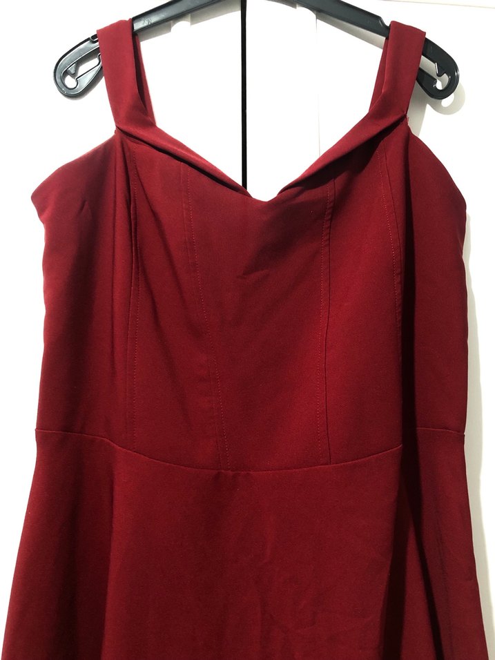 Bordo Drapeli V Yaka Uzun Abiye Elbise - Görsel 2