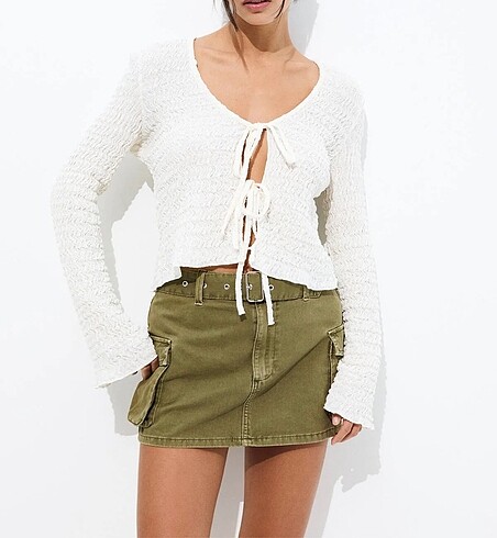 Pull Bear Bağcıklı Dokulu Bluz