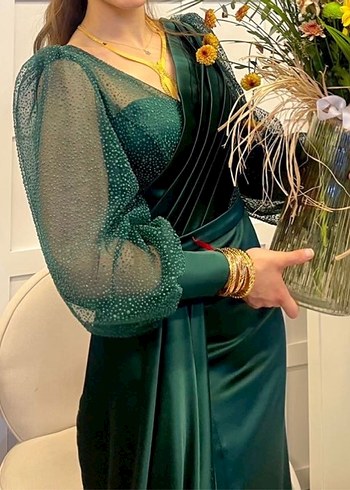 Yeşil Drapeli Uzun Abiye Elbise - Görsel 2