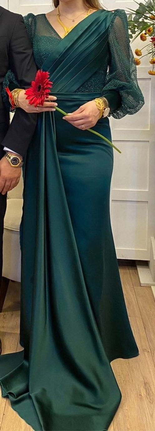 Yeşil Drapeli Uzun Abiye Elbise - Görsel 3