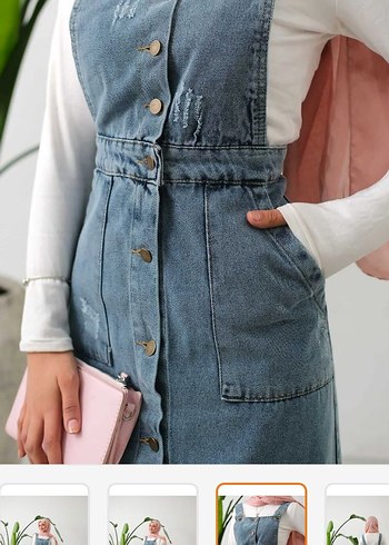 Düğmeli Mavi Kot uzunTulum - Görsel 4