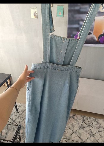 Düğmeli Mavi Kot uzunTulum - Görsel 6