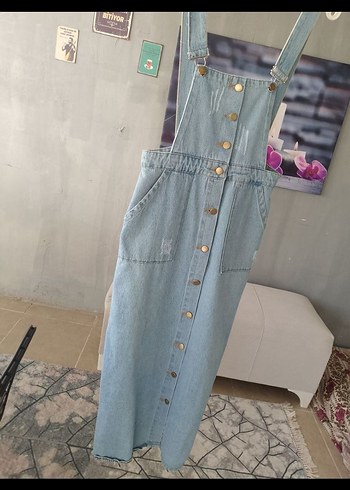 Düğmeli Mavi Kot uzunTulum - Görsel 5