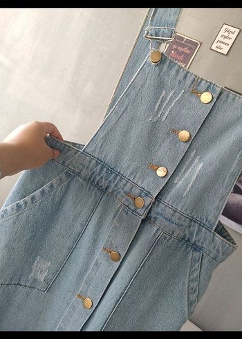 Düğmeli Mavi Kot uzunTulum - Görsel 2