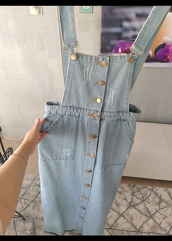 Düğmeli Mavi Kot uzunTulum - Görsel 3