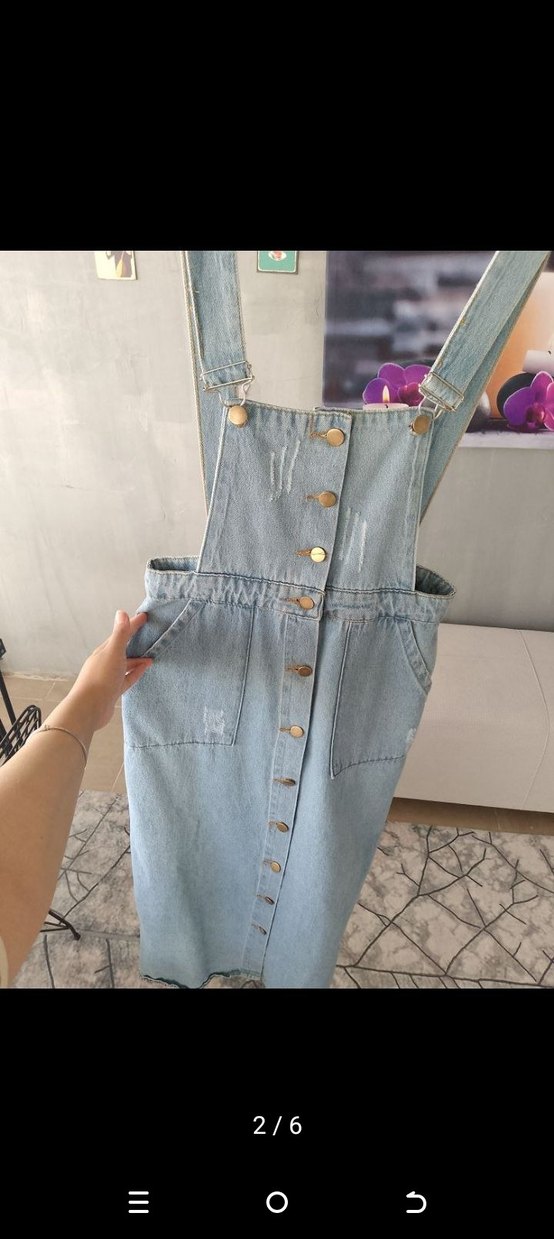 Düğmeli Mavi Kot uzunTulum - Görsel 3