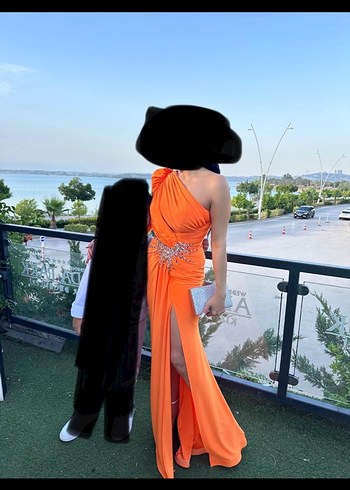 Abiye Parlak Turuncu Drapeli Uzun Abiye Elbise
