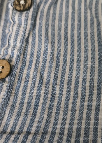 Kız Çocuk Mavi Çizgili Keten Elbise - Görsel 5