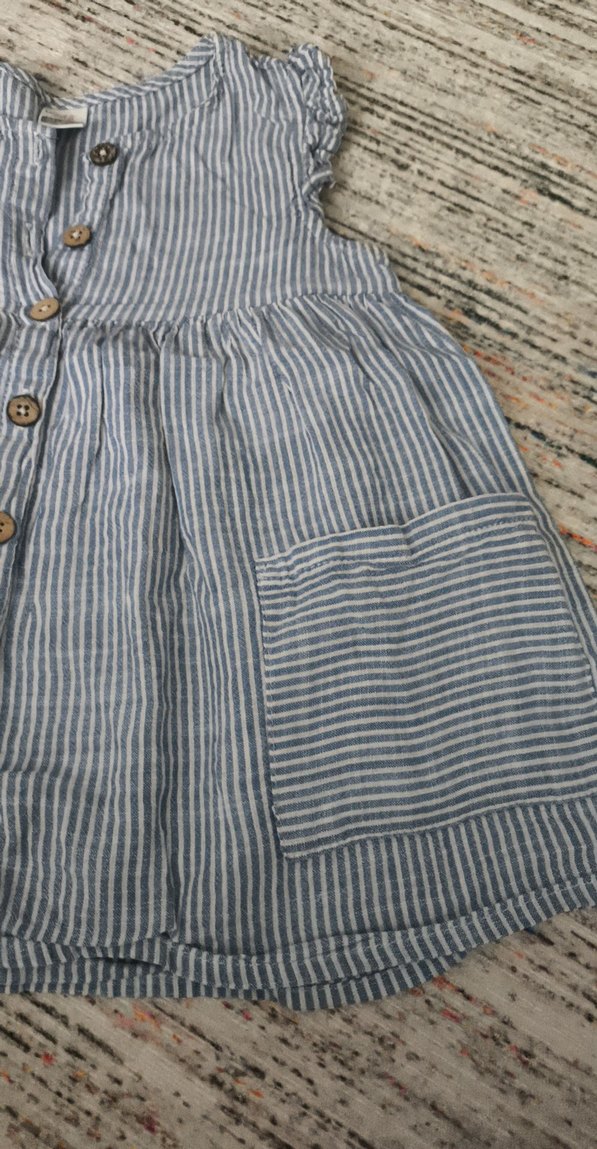 Kız Çocuk Mavi Çizgili Keten Elbise - Görsel 2