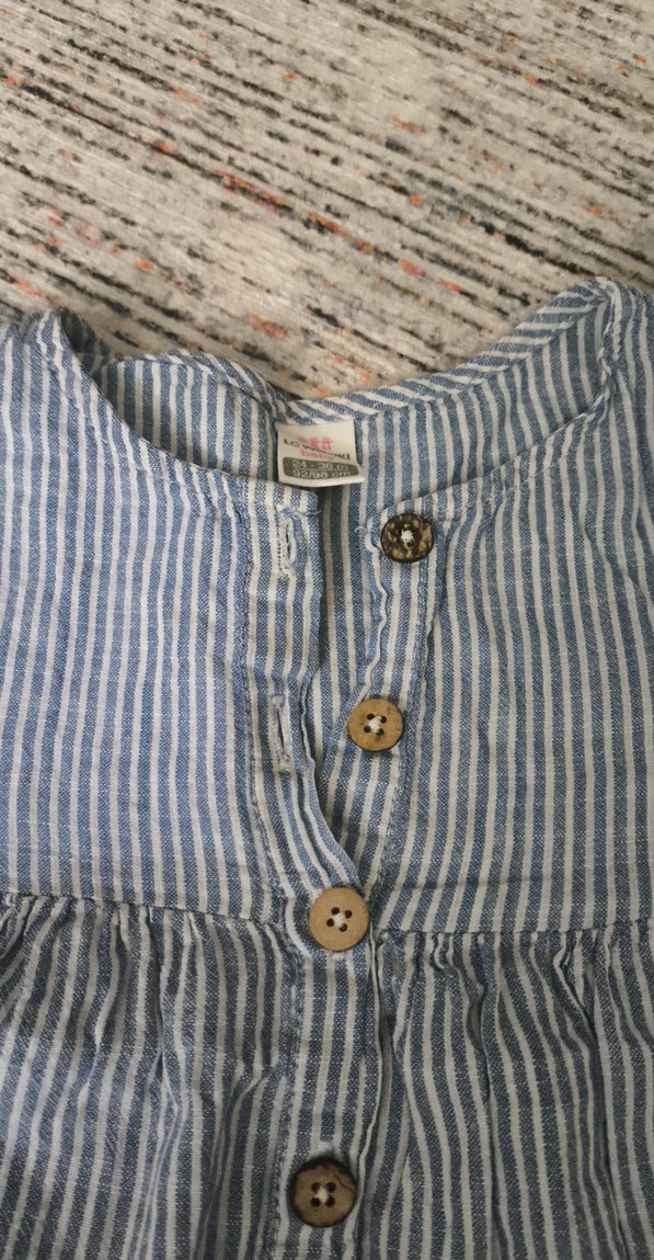 Kız Çocuk Mavi Çizgili Keten Elbise - Görsel 3