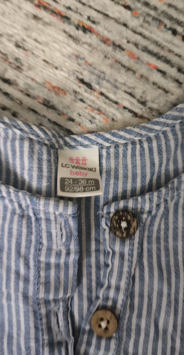 Kız Çocuk Mavi Çizgili Keten Elbise - Görsel 4