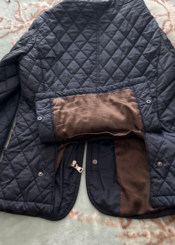 Sarar Düğmeli Lacivert Kahverengi Deri Detaylı Kısa Mont - Görsel 6