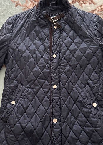 Sarar Düğmeli Lacivert Kahverengi Deri Detaylı Kısa Mont - Görsel 2