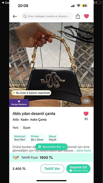 Aldo yılan desen çanta