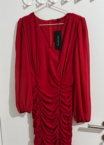 Kırmızı Drapeli V Yaka Midi Elbise - Görsel 2