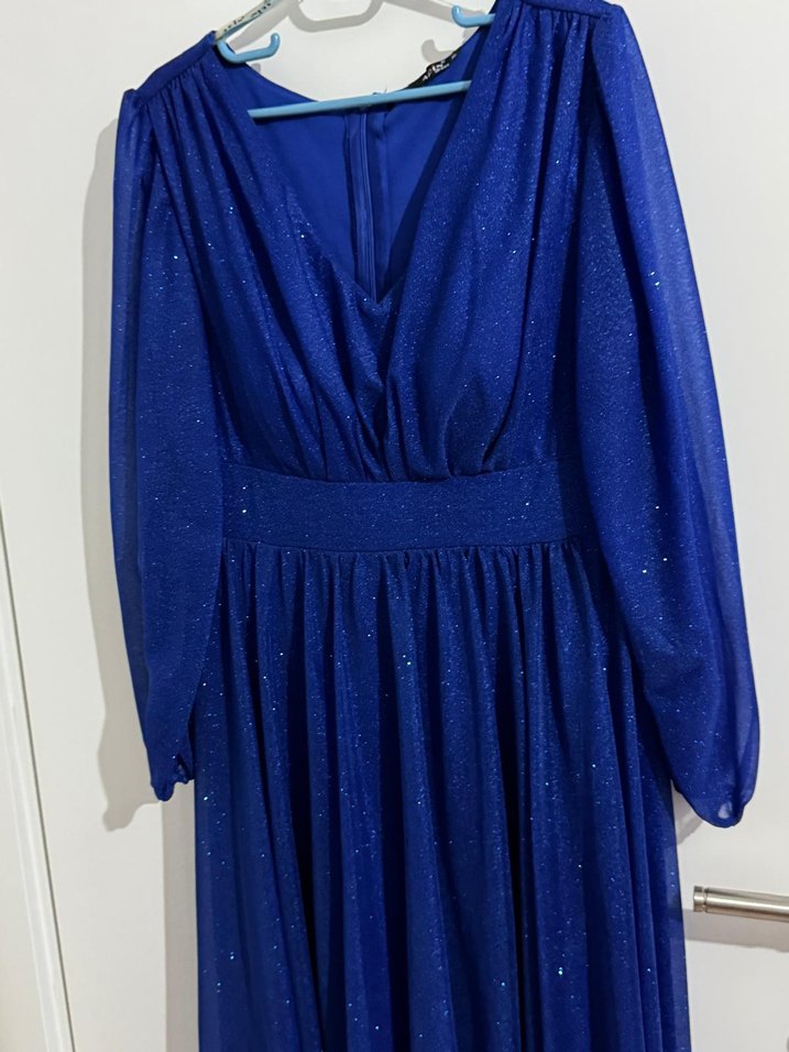 Mavi Uzun Kollu V Yaka Abiye Elbise - Görsel 2