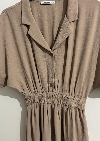 Bej Düğmeli Uzun Keten Elbise - Görsel 2
