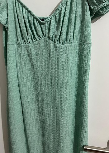 Yeşil V Yaka Piliseli Keten Elbise - Görsel 3