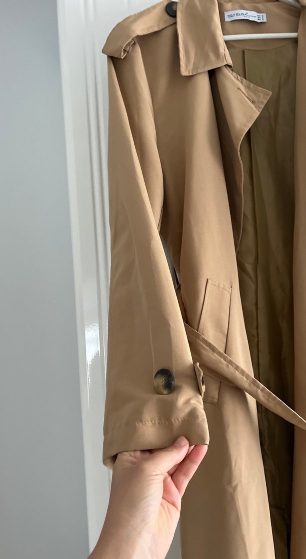 Kadın Bej Uzun Keten Trençkot - Görsel 2