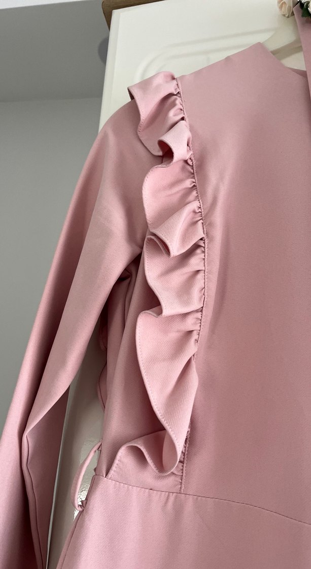 Pembe Uzun Kollu Fırfırlı Elbise - Görsel 3