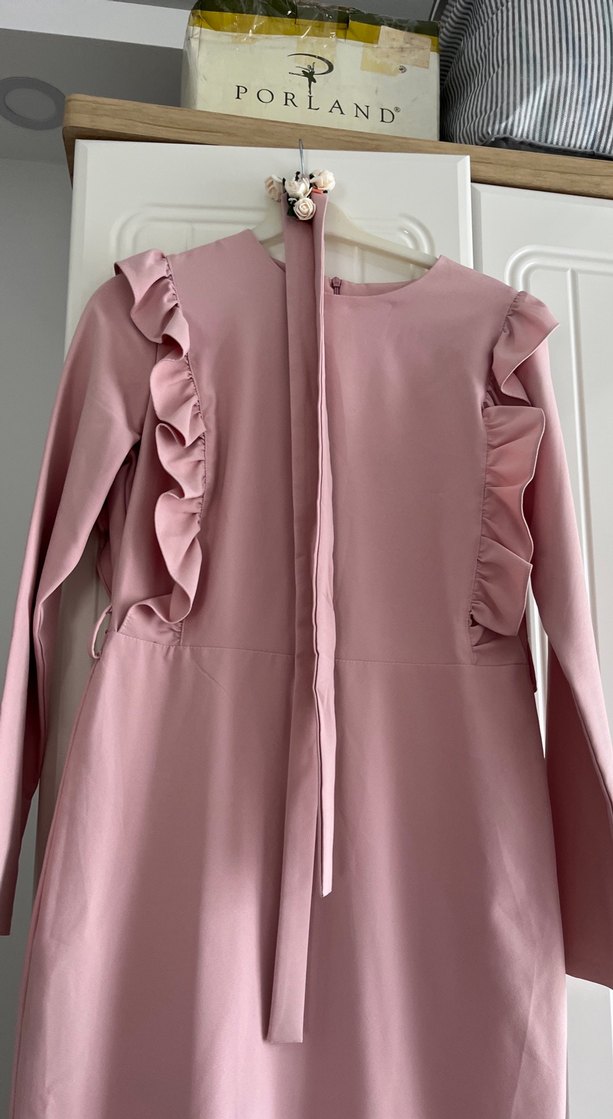 Pembe Uzun Kollu Fırfırlı Elbise - Görsel 2