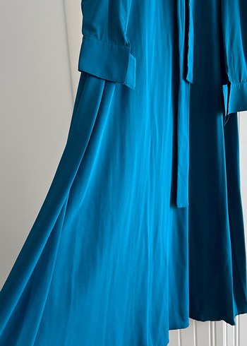 Özel dikim Uzun Kollu Drapeli Mavi Kadın Elbise - Görsel 5