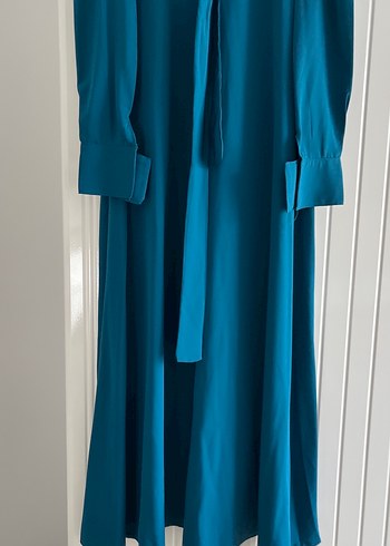 Özel dikim Uzun Kollu Drapeli Mavi Kadın Elbise - Görsel 3
