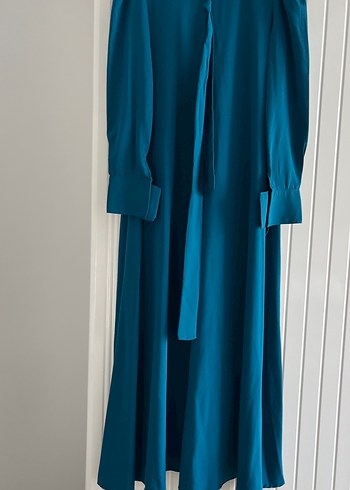 Özel dikim Uzun Kollu Drapeli Mavi Kadın Elbise - Görsel 2