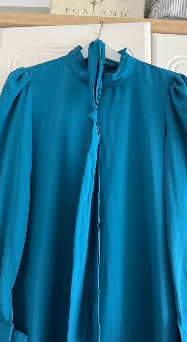 Özel dikim Uzun Kollu Drapeli Mavi Kadın Elbise - Görsel 4