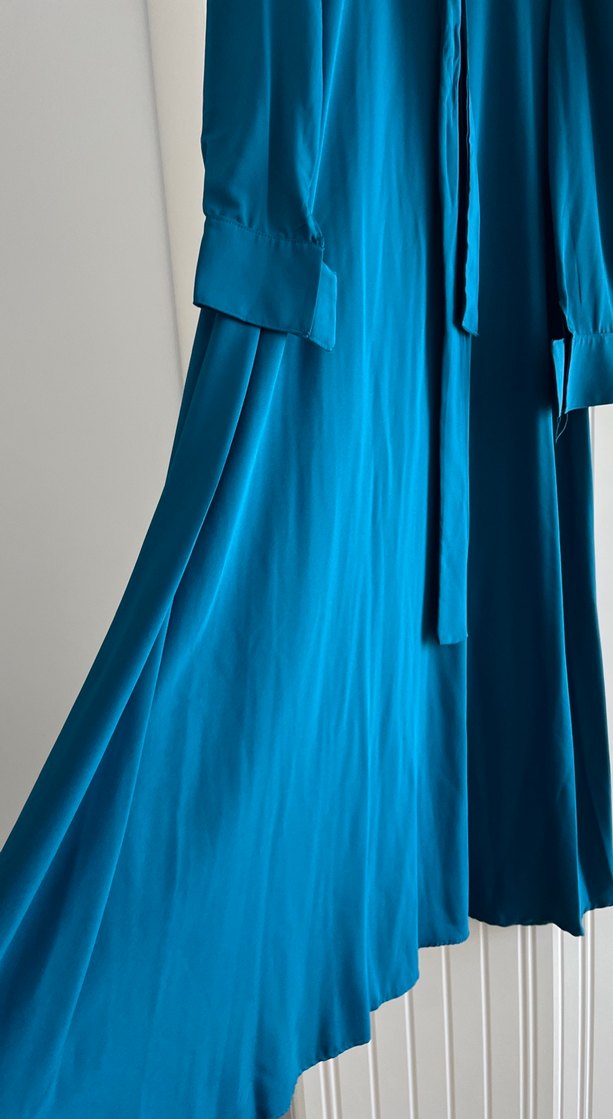 Özel dikim Uzun Kollu Drapeli Mavi Kadın Elbise - Görsel 5