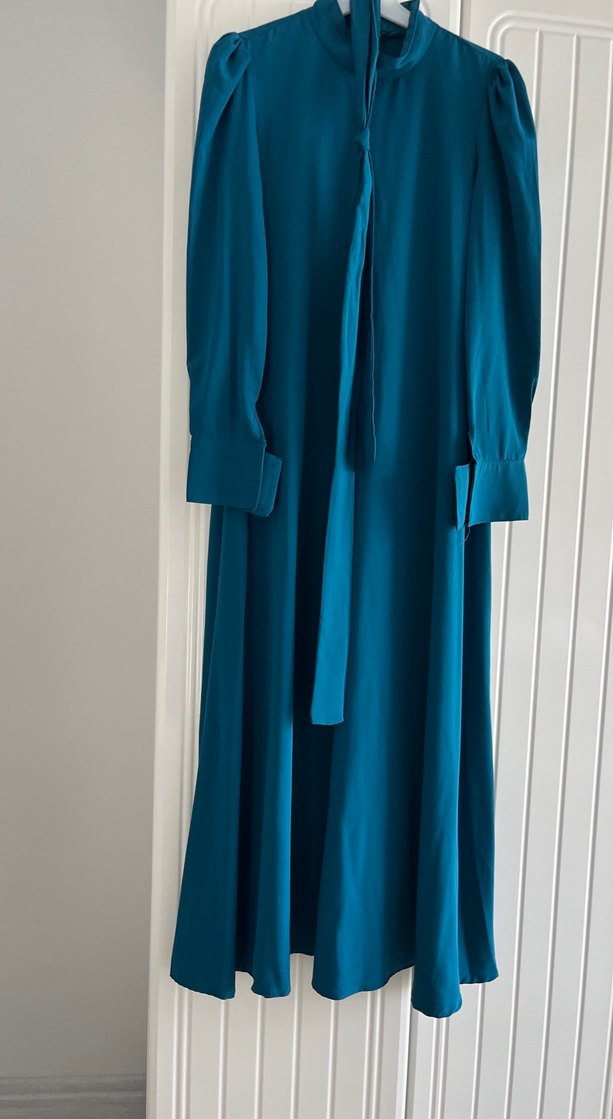 Özel dikim Uzun Kollu Drapeli Mavi Kadın Elbise - Görsel 2