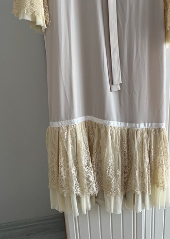 Bej Uzun Kollu Fırfırlı Bohem Elbise - Görsel 6