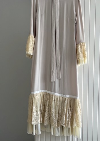 Bej Uzun Kollu Fırfırlı Bohem Elbise - Görsel 2