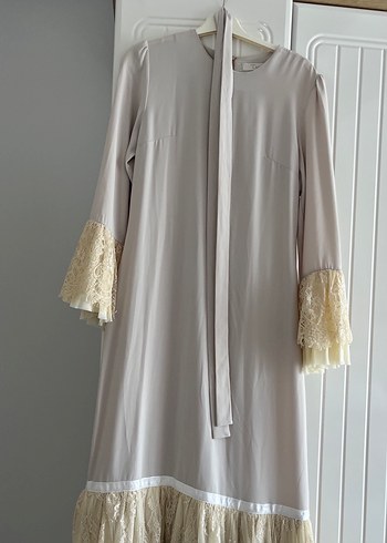 Bej Uzun Kollu Fırfırlı Bohem Elbise - Görsel 8