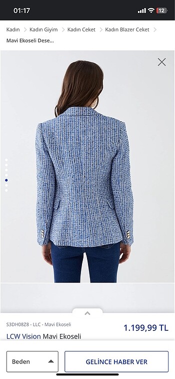 LC Waikiki Mavi Ekoseli Desenli Uzun Kollu Kadın Tüvit Blazer Ceket