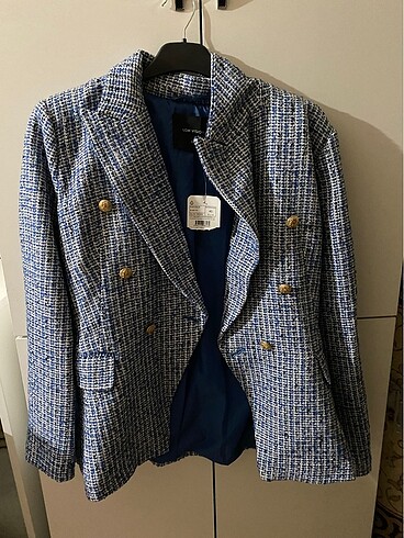 40 Beden Mavi Ekoseli Desenli Uzun Kollu Kadın Tüvit Blazer Ceket