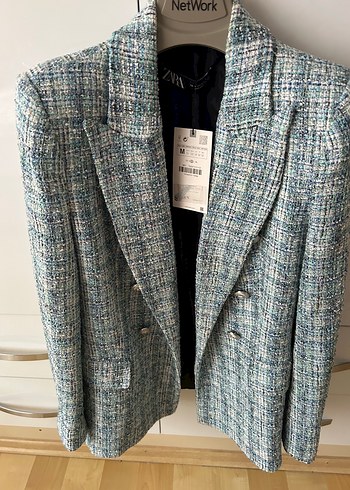 Zara Mavi Beyaz Tweed Ceket