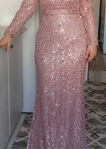 Abiye Pembe Uzun Kollu Abiye 36-38 beden uyumludur