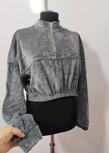 Gri Yarım Fermuarlı Kadın Sweatshirt