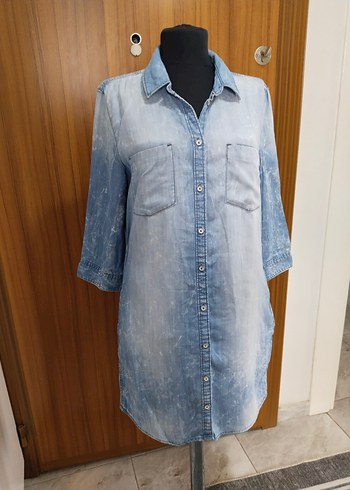 Düğmeli Mavi Denim Midi Gömlek