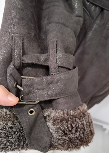 Kürk Detaylı Kahverengi Süet Biker Ceket - Görsel 7
