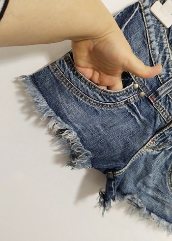 Kadın Koyu Mavi Batik Desen Kısa Kot Şort - Görsel 3