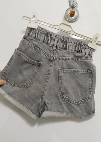 Gri Mini Denim Şort, Bağlamalı, Bol Kesim - Görsel 2
