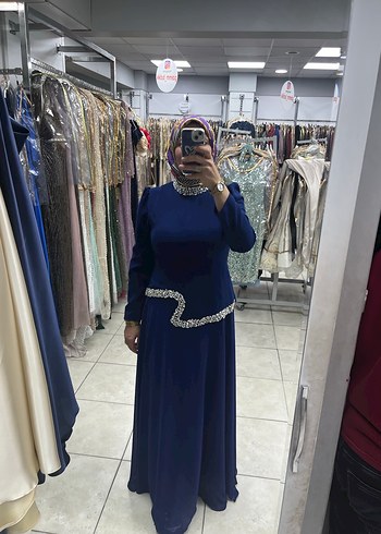 Uzun Kollu, Drapeli Lacivert Abiye Elbise - Görsel 2