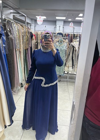 Uzun Kollu, Drapeli Lacivert Abiye Elbise - Görsel 3